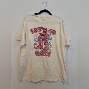 Goodie Two Sleeves Cream Graphic T-Shirt with Let’s Go Girls Pink Boots  Design